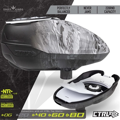 A Bunkerkings CTRL 2 electronic paintball loader in the ghost black highlander colorway.