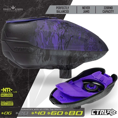 A Bunkerkings CTRL 2 electronic paintball loader in the purple black highlander colorway.