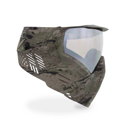 A Bunkerkings CMD paintball mask in the Highlander Camo colorway. The mask has a custom camouflage pattern and comes with a clear thermal lens.