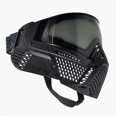 A CRBN ZERO Standard paintball mask. The mask is black and has a grey to clear highlight lens.