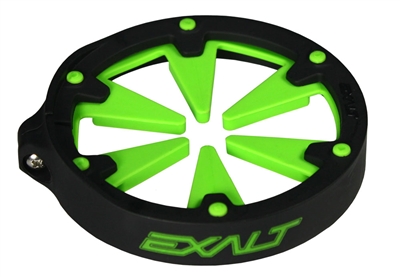 An Exalt Universal V3 Feedgate. The feedgate is black with lime rubber paddles.