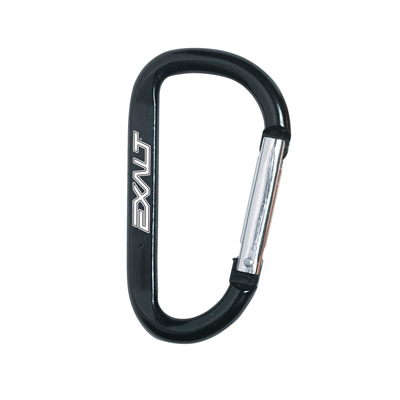 A heavy-duty aluminum carabiner with spring loaded clip. This carabiner has the Exalt brand's logo laser engraved on it's flat edge, and is perfect for keeping your keys, microfibers, or even your goggle case connected to your person or gear bag.