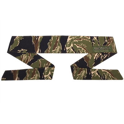 An Exalt Paintball headband in the horizontal tiger stripe camo pattern.