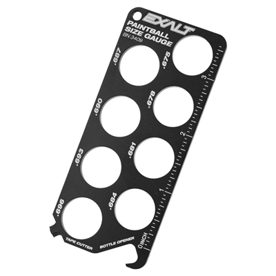 The gauge is made of aerospace grade aluminum and features 8 pre-measured slots for the most common paintball bore sizes: .675, .678, .681, .684, .687, .690, .693, and .695.