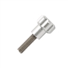 An Exalt feedneck thumbscrew for Planet Eclipse Emek and EMF100 paintball markers. The screw has stainless-steel threads and a silver aluminum knob.