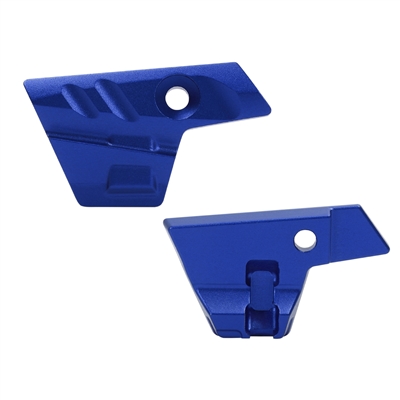 A set of blue aluminum eye / breech covers for Planet Eclipse Emek and Etha2 paintball markers.