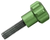 An Exalt feedneck thumbscrew for Planet Eclipse Emek and EMF100 paintball markers. The screw has stainless-steel threads and a green aluminum knob.