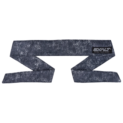 An Exalt headband in the acid wash / jean pattern colorway
