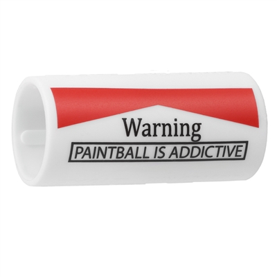 An Exalt Gun Graffiti Barrel Band in the Warning Paintball Is Addictive colorway.