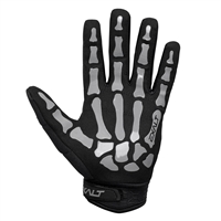 A pair of Full Finger Death Grip gloves made by Exalt Paintball. The gloves are black with grey bone padding.