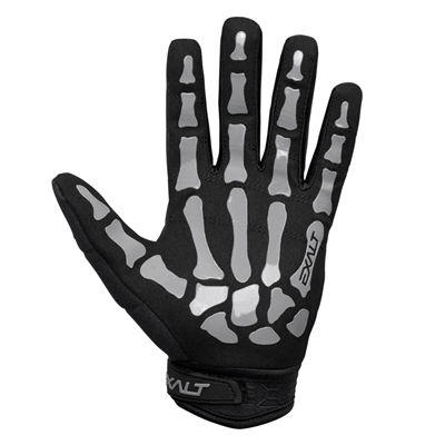 A pair of Full Finger Death Grip gloves made by Exalt Paintball. The gloves are black with grey bone padding.