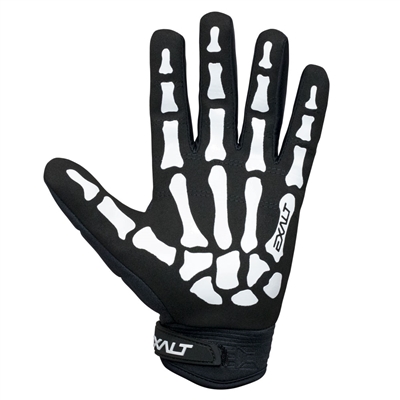 A pair of Full Finger Death Grip gloves made by Exalt Paintball. The gloves are black with white bone padding.