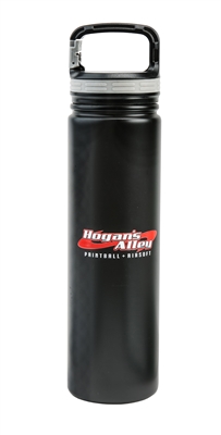 A 26oz water bottle with the Hogan's Alley Paintball & Airsoft logo on it. The bottle is vacuum insulated and features a carabiner top you can use to attach it to your backpack or gear bag while traveling.