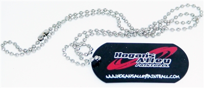 Custom engraved dog tag featuring the Hogan's Alley Paintball logo. Includes chain.