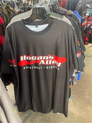 A black tech tee with our store's log on it, made by Kore Outdoor.