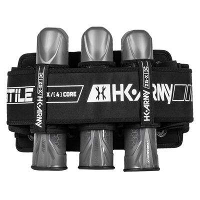 An HK Army Zero-GX paintball harness. The harness has a 3+2+4 capacity and is black with white accents.