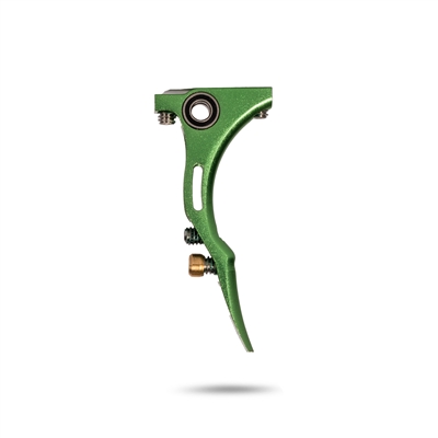 An HK Army Reaper trigger for Empire Mini GS paintball markers. The trigger is constructed from aluminum and is anodized green.