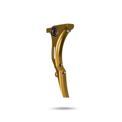 An HK Army Reaper trigger for Empire Mini GS paintball markers. The trigger is constructed from aluminum and is anodized gold.