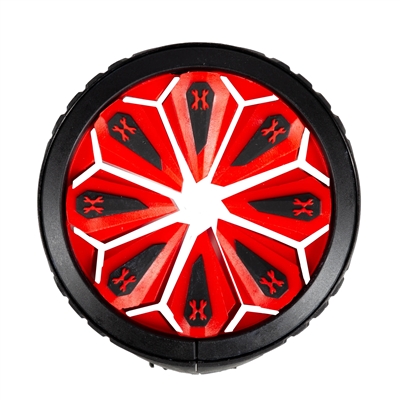 An HK Army Universal Epic Speed Feed in the Lava colorway. The speed feed has a black ring with red and black rubber fingers.