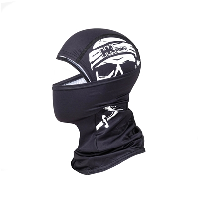 An HK Army Hostile Ops Balaclava for paintball and airsoft. The Swords colorway is black with a white pirate skull graphic.