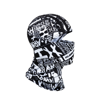 An HK Army Hostile Ops Balaclava for paintball and airsoft. The Chaos Black colorway is black white all-over HK Army logos printed on it.