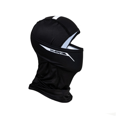 An HK Army Hostile Ops Balaclava for paintball and airsoft. The Slash Black colorway is black with white slash graphics on the cheeks, and a large white HK Army logo on the back of the head and neck.