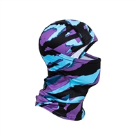 An HK Army Hostile Ops Balaclava for paintball and airsoft. The the Tiger Amp colorway is purple, teal, and black, and features a white HK Army logo on the nape of the neck.