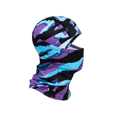 An HK Army Hostile Ops Balaclava for paintball and airsoft. The the Tiger Amp colorway is purple, teal, and black, and features a white HK Army logo on the nape of the neck.