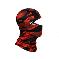 An HK Army Hostile Ops Balaclava for paintball and airsoft. The the Tiger Red colorway is red and black, and features a white HK Army logo on the nape of the neck.