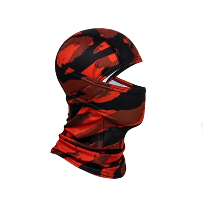 An HK Army Hostile Ops Balaclava for paintball and airsoft. The the Tiger Red colorway is red and black, and features a white HK Army logo on the nape of the neck.