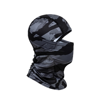 An HK Army Hostile Ops Balaclava for paintball and airsoft. The the Tiger Slate colorway is black and grey, and features a white HK Army logo on the nape of the neck.