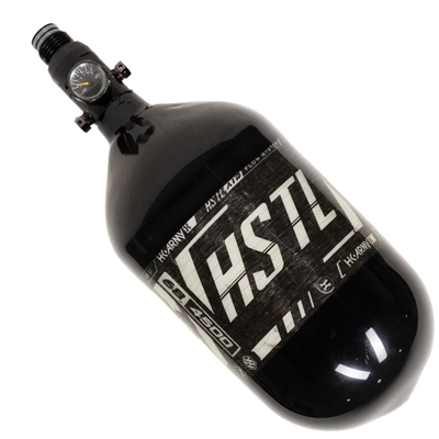An HK Army HSTL Air 68/4500 carbon fiber HPA tank for paintball and airsoft. The tank is black.