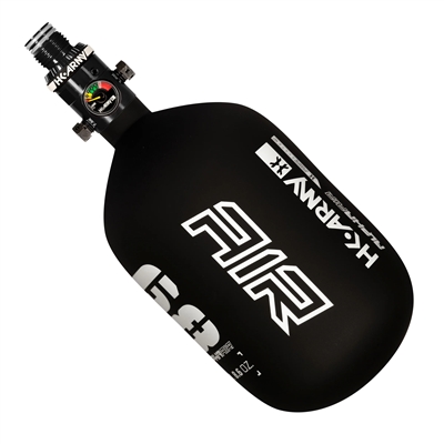 An HK Army Alpha Air 68/4500 HPA tank in the Shadow colorway. The tank is matte black with white accents and details.