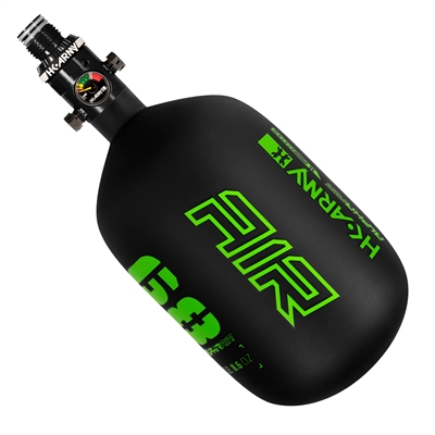 An HK Army Alpha Air 68/4500 HPA tank in the Surge colorway. The tank is matte black with green accents and details.