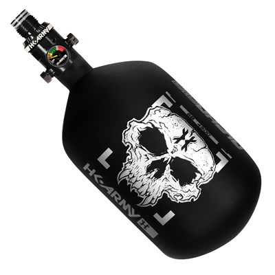 An HK Army Alpha Air 68/4500 HPA tank in the Doom Ghost colorway. The tank is matte black with silver accents and details.