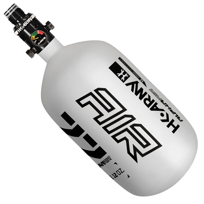 An HK Army Alpha Air 77/4500 HPA tank in the Blizzard colorway. The tank is matte white, with black accents and details.