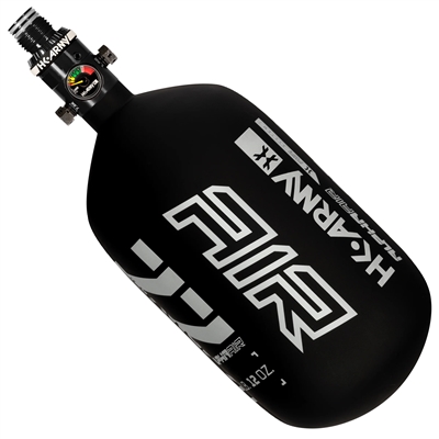 An HK Army Alpha Air 77/4500 HPA tank in the Shadow colorway. The tank is matte black, with white accents and details.