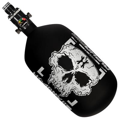 An HK Army Alpha Air 77/4500 HPA tank in the Doom Ghost colorway. The tank is matte black, with white accents and details.