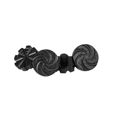 A set of machined aluminum goggle screws for HK Army KLR and JT Proflex paintball masks. The screws are black.