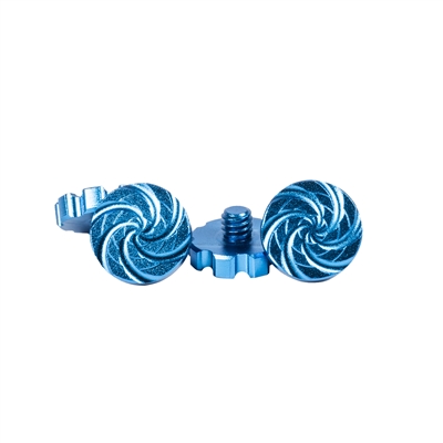A set of machined aluminum goggle screws for HK Army KLR and JT Proflex paintball masks. The screws are blue.