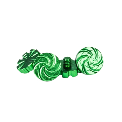 A set of machined aluminum goggle screws for HK Army KLR and JT Proflex paintball masks. The screws are green.