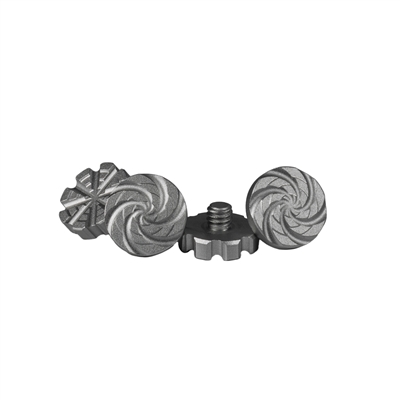 A set of machined aluminum goggle screws for HK Army KLR and JT Proflex paintball masks. The screws are pewter.