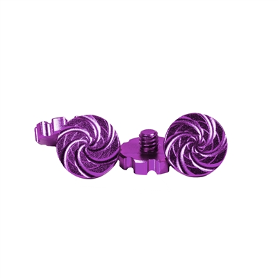 A set of machined aluminum goggle screws for HK Army KLR and JT Proflex paintball masks. The screws are purple.