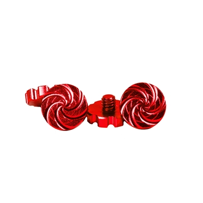 A set of machined aluminum goggle screws for HK Army KLR and JT Proflex paintball masks. The screws are red.