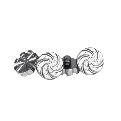 A set of machined aluminum goggle screws for HK Army KLR and JT Proflex paintball masks. The screws are silver.