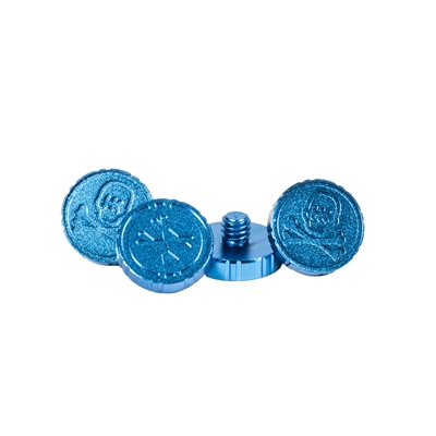 A set of machined aluminum goggle screws for HK Army KLR and JT Proflex paintball masks. The screws are blue.