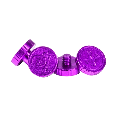 A set of machined aluminum goggle screws for HK Army KLR and JT Proflex paintball masks. The screws are purple.