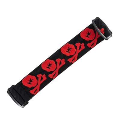 An HK Army woven elastic goggle strap for JT Proflex paintball masks. The strap is black with a red skull pattern.