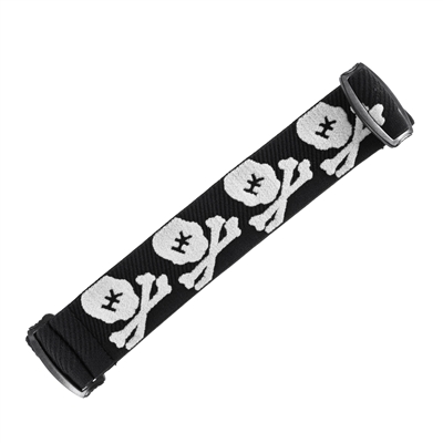 An HK Army woven elastic goggle strap for JT Proflex paintball masks. The strap is black with a white skull pattern.