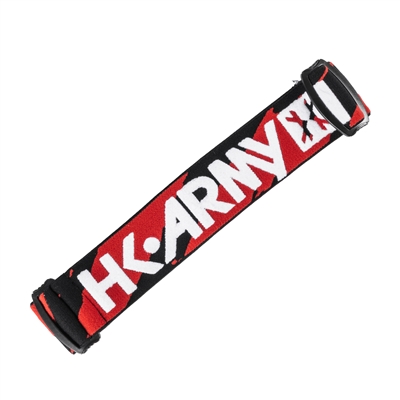 An HK Army woven elastic goggle strap for JT Proflex paintball masks. The strap is black and red with a white logo pattern.